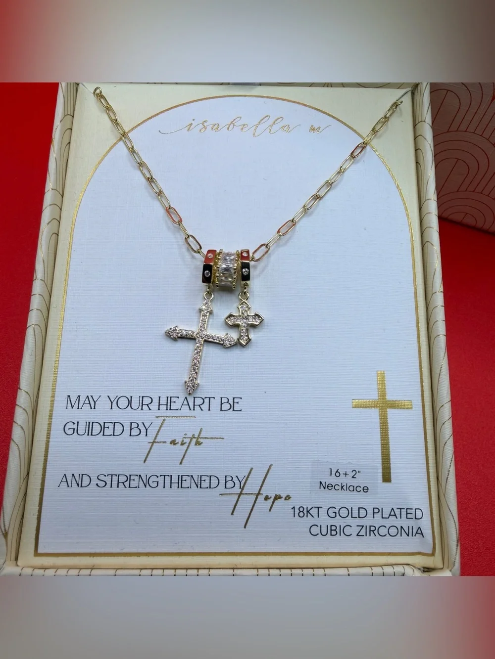 Isabella m 18KT Gold Plated Cross Pendant Necklace with Red Accent Bead